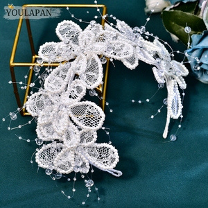 Tiara de novia de encaje hecha a mano YouLaPan con ribete floral bordado y cristales en forma de rama, elegante corona para el cabello de novia <span class=keywords><strong>HP702</strong></span> - Product Image 3