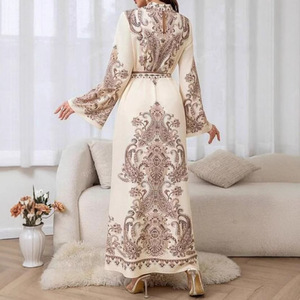 Vestido Largo Retro Estampado WD635, Cuello Alto, Manga Farol, Largo a la Cintura, Tejido Informal, Estilo Palacio para Primavera y Otoño - Product Image 3