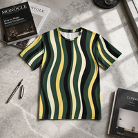 T-shirt à manches courtes en popeline 3D AOP pour homme, 100% polyester, vert foncé, bandes verticales incurvées, séchage rapide, respirant, col rond, expédition immédiate