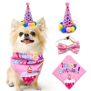 Conjunto de tres piezas para mascotas, accesorios de sombrero de fiesta para cumpleaños, bandana para perro, collar para perro, bandanas
