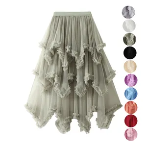 Manufacturer Irregular Mesh High Waist Cake Skirts for Woman Beautiful Big Hem Tutu Pleated Long Maxi Skirt Ladies Ball Gown