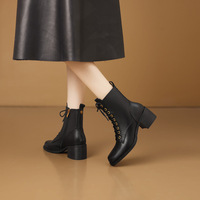 Bottines à talon épais mi-hautes pour femmes, style designer, légères, en cuir de vache véritable, antidérapantes