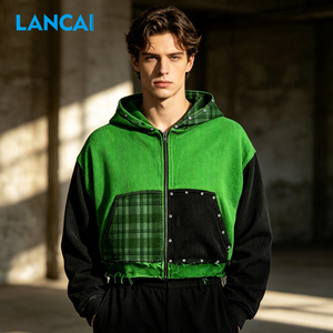 Oversized Boxy Heavyweight Rhinestones Zip Hoodie for Men Color Block Plaid Design with Acid Washed Sun Faded Streetwear - Product Image 2