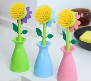 1 set Purple Flower Vase Pot Washing Brush Kitchen Supplies Dishwashing Brush Household Cleaning Brush