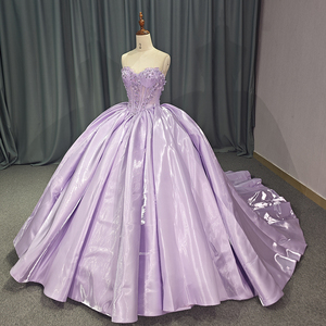 Robe de bal longue en satin lilas, épaules dénudées, taille naturelle, avec appliques en dentelle et cristaux, pour Quinceañera et anniversaire, 1237 - Product Image 3