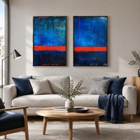 Toile abstraite bleu foncé minimaliste faite à la main, texture de lignes horizontales rouge marine, art mural pour la décoration intérieure de salon de luxe