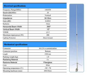 เสาอากาศไฟเบอร์กลาสแบบสองย่านความถี่ 2.5 เมตร กำลังขยายสูง 6/8dBi 144 430 MHz VHF UHF สำหรับสถานีฐาน รุ่น X200 X50 X30 - Product Image 3