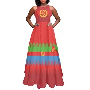 여성 의류 맥시 드레스 여름 새로운 패션 우아한 민소매 캐주얼 드레스 에티오피아 로고 인쇄 프릴 인쇄