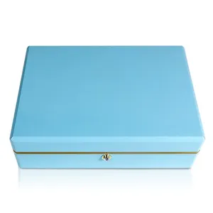 Caja de laca de cintura dorada azul con logotipo personalizado, paquete de botella de vino y champán, Cajas De Madera de ocio