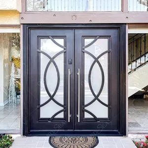 أنيقة تصميم قوس أعلى مزدوجة الفرنسية أبواب من الحديد المطاوع الجبهة دخول الأبواب تصاميم