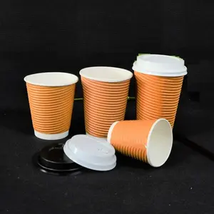 מפעל סין ידידותי לסביבה מתכלה PLA אדוות כוס נייר קיר חד פעמי 12 oz אדוות כוס נייר קיר עם מכסים
