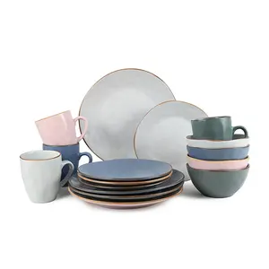 Wholesale Dinnerware Set Ceramic Tableware Dinnerware Sets Nordic 16pc Irregular Shape Color Glaze Dinner Set With Color Rim
