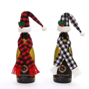 2023 New Trends Hot sale Grid cloth 2 pieces Christmas wine cover set supplies for home party decoration