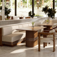 Table en bois cannelé avec pieds en bois et banquette en tissu bouclé, durable et écologique, pour restaurant, café, bistrot, hôtel, salon de thé, style moderne et minimaliste