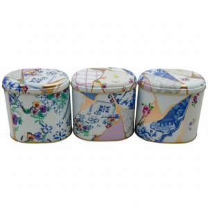 Oval Metal Storage Box Set 140 x 120 x 130 mm 1.4L (Set of 3 ) Kintsugi Gold vein Flower Kint Sugi Design - Product Image 2