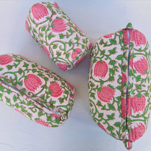 Quilted Cotton Block Print Wash <b>Bag</b> Handmade Embroidered Cosmetic Toiletry Travel Pouch For Women - Product Image 1