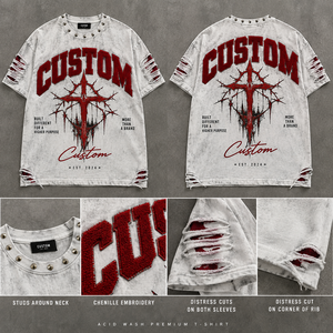 custom distressed oversized t <b>shirt</b> men streetwear ripped graphic tee <b>studded</b> neck vintage wash tee <b>shirts</b> for men's - Product Image 6