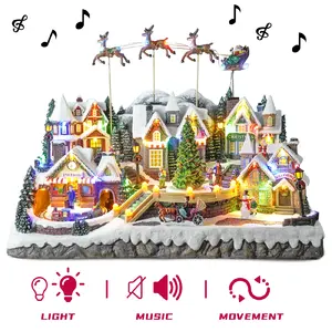 Wholesale Led Musical Xmas Flying Sleigh Scene Model Figurine Christmas Village House With Rotating Christmas Tree