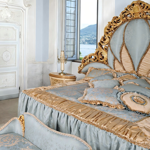 เตียงแกะสลักโรสวูดสไตล์ราชวงศ์สีทองใบไม้สีฟ้าเบาะผ้าหรูหราแบบยุโรปสำหรับโครงการแมนชั่น - Product Image 2