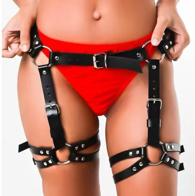 Harness Lingerie seksi baru untuk wanita tali kulit imitasi BDSM pinggang ke Harness kaki sabuk garter paha Aksesori Goth pakaian Rave