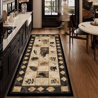Tapis de couloir rectangulaire en polyester à poils plats motif Élan de la Forêt, avec envers antidérapant en PVC, pour décoration de cuisine et de couloir de style ferme