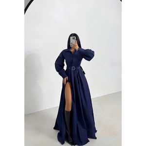 Navy <b>Blue</b> <b>Ball</b> <b>Gown</b> Evening Dress with Belt Detail XS/XL Formal Prom Dresses Short Sleeves Knee-Length - Product Image 3