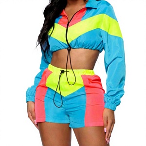 <b>Women</b> 2 Piece Solid Sports Set Full Sleeve Cropped <b>Jacket</b> High Waist Shorts Satin Windbreaker Eco-Friendly Reflective Piping - Product Image 1