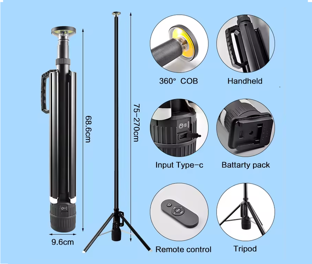 Telescopic Camping Light COB with 360 Light Tripod Work Light 2000lm Height to 2.7M Portable