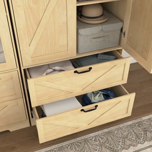 2-Door Wood Modern Apartment <b>Wardrobe</b> <b>Hanging</b> Rod Induction Light Built-in Mirror Bottom Drawers Multifunctional Bedroom Closet - Product Image 4