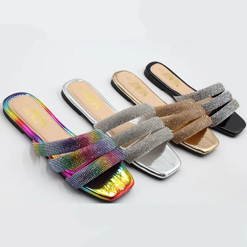 Sandal Pantai Musim Panas Wanita, Sandal Jepit Kristal Berlian Mewah Luar Ruangan Sepatu Datar Babouche Femme