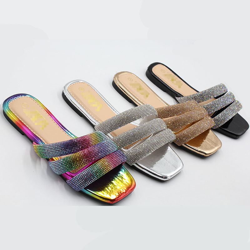 Sandal Pantai Musim Panas Wanita, Sandal Jepit Kristal Berlian Mewah Luar Ruangan Sepatu Datar Babouche Femme