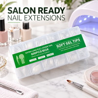 Longs faux ongles en gel transparent forme cercueil 600 pièces, gel souple, couverture complète, logo personnalisé, marque privée, fournitures d'extension d'ongles en gros