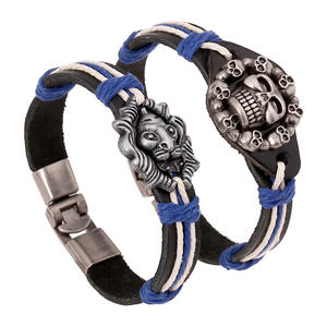Vintage handgemachte geflochtene Leder armbänder für Männer Lion <span class=keywords><strong>Skull</strong></span> Skeleton Retro Schnür-Punk-Stil Leder armband Zubehör Geschenk - Product Image 1