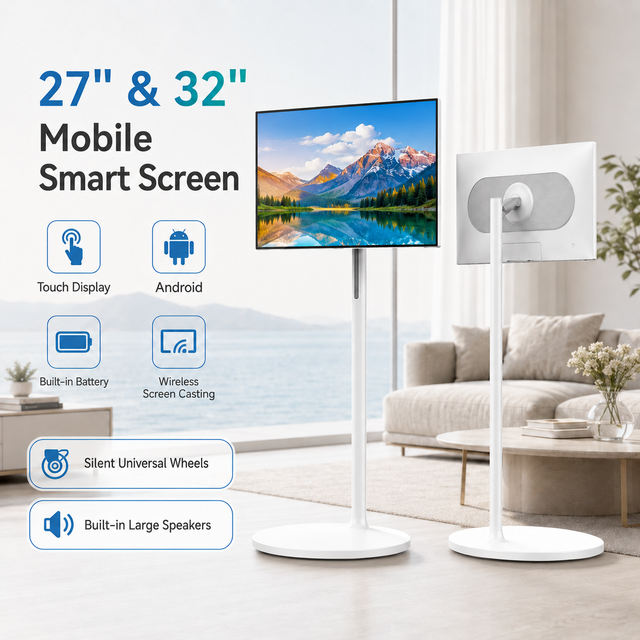 Portable TV on Wheels 27 Inch Touch Screen Smart TV Android Display with Camera and Rolling Stand