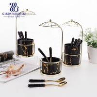 Promotion Couverts Fourchette Couteau Cuillère Ensemble 24pcs Marbre Design Luxe Céramique Poignée PVD Doré Royal Couverts Ensemble avec Support en Fer