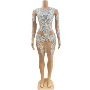 Voir à travers maille femmes Mini robe à manches longues strass perle scène chanteur porter fête d'anniversaire soirée reine tenue DJ DS <span class=keywords><strong>Gogo</strong></span> - Product Image 1