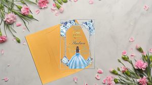 Quinceaneraの招待状ベビーブルードレスアクリルガラスの招待状、Mis Quince、Sweet 15、Sweet 16、フローラルデザイン - Product Image 2