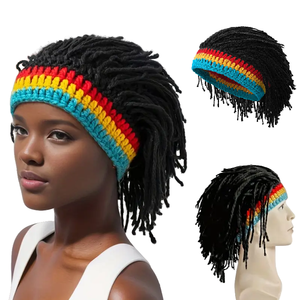 Nouveau unisexe tricot jamaïcain chapeau <span class=keywords><strong>avec</strong></span> noir Dreadlock cheveux fait à la main hiver <span class=keywords><strong>bonnet</strong></span> drôle Snapback chapeaux élastique Hip-Hop fête perruque casquette - Product Image 1