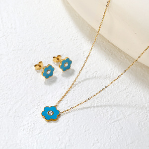 Stainless Steel Flower Earrings And Necklace <b>Set</b> For Women Gift Jewelry With Blue Enamel And <b>Crystal</b> Bezel Setting - Product Image 2