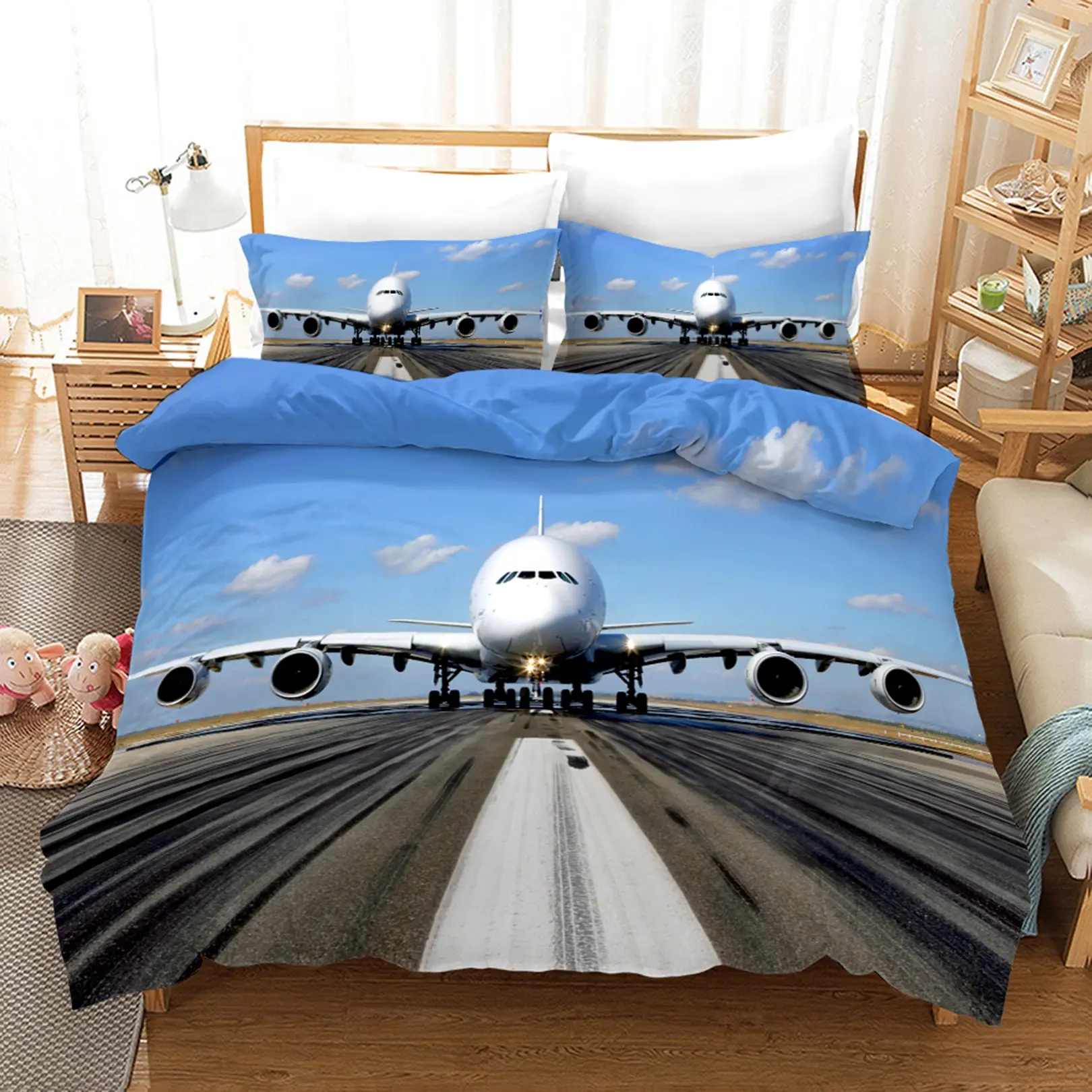 Kids Jongens Vliegtuig Dekbedovertrek Blauw Sky Luchtvaart Vliegtuigen Runway Beddengoed Set 3D Print Luxe Microfiber Moderne Vliegtuig Patroon