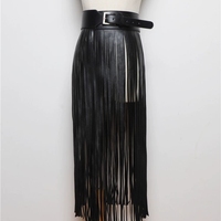 Jupe en similicuir PU pour femme, ceinture noire, style urbain, décorations à franges, nouvelle mode