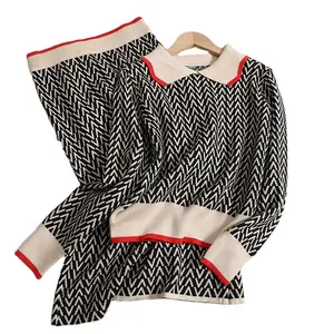 Custom ized Herbst New Fashion Anzug Puppen kragen Pullover Top Strickwaren Hohe Taille Hüft wickel rock Zweiteiler Set