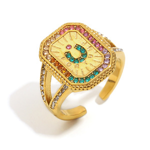 Anillo apilable ajustable de acero inoxidable chapado en oro de 18 quilates con esmalte de tarot vintage y circonitas, joyería llamativa para mujer - Product Image 3