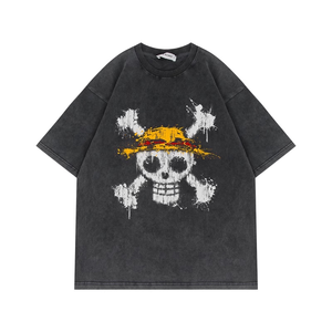 <span class=keywords><strong>T</strong></span>-<span class=keywords><strong>shirt</strong></span> <span class=keywords><strong>One</strong></span> <span class=keywords><strong>Piece</strong></span> <span class=keywords><strong>Luffy</strong></span> style américain rétro anime, effet vieilli, lavé, procédé de pulvérisation directe, pur coton, manches courtes - Product Image 1
