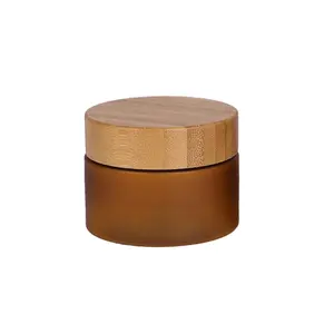 nature skin care cream container food packaging 5oz 8oz 16oz empty amber frosted cosmetic PET plastic jars with bamboo wood lids