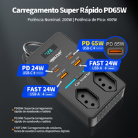 Mini Inverseur de Courant pour Voiture 350W 12V/24V/127V/220V 4 USB avec Écran LED, Prise Brésil, Chargeur Rapide, Adaptateur Véhicule Compact