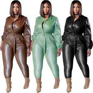 Nieuwe Explosieve Stijl Jumpsuits Pu Lederen Knop Riem Pure Kleur Temperament Casual Mode Womens Jumpsuits Winter