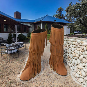 Bottes Western en PU à talon haut pour femmes et hommes, hiver, talons personnalisés, pompons, faible MOQ - Product Image 2