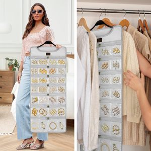 Hanging Jewelry <b>Organizer</b> Canvas Double Sided Rotating <b>Hanger</b> With Zippered Pockets For Earring Necklace <b>Storage</b> - Product Image 6