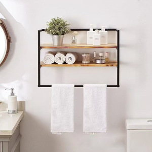 Étagère murale en fer et bois, 3 niveaux, couleur bois naturel, étagères de salle de bain durables - Product Image 2